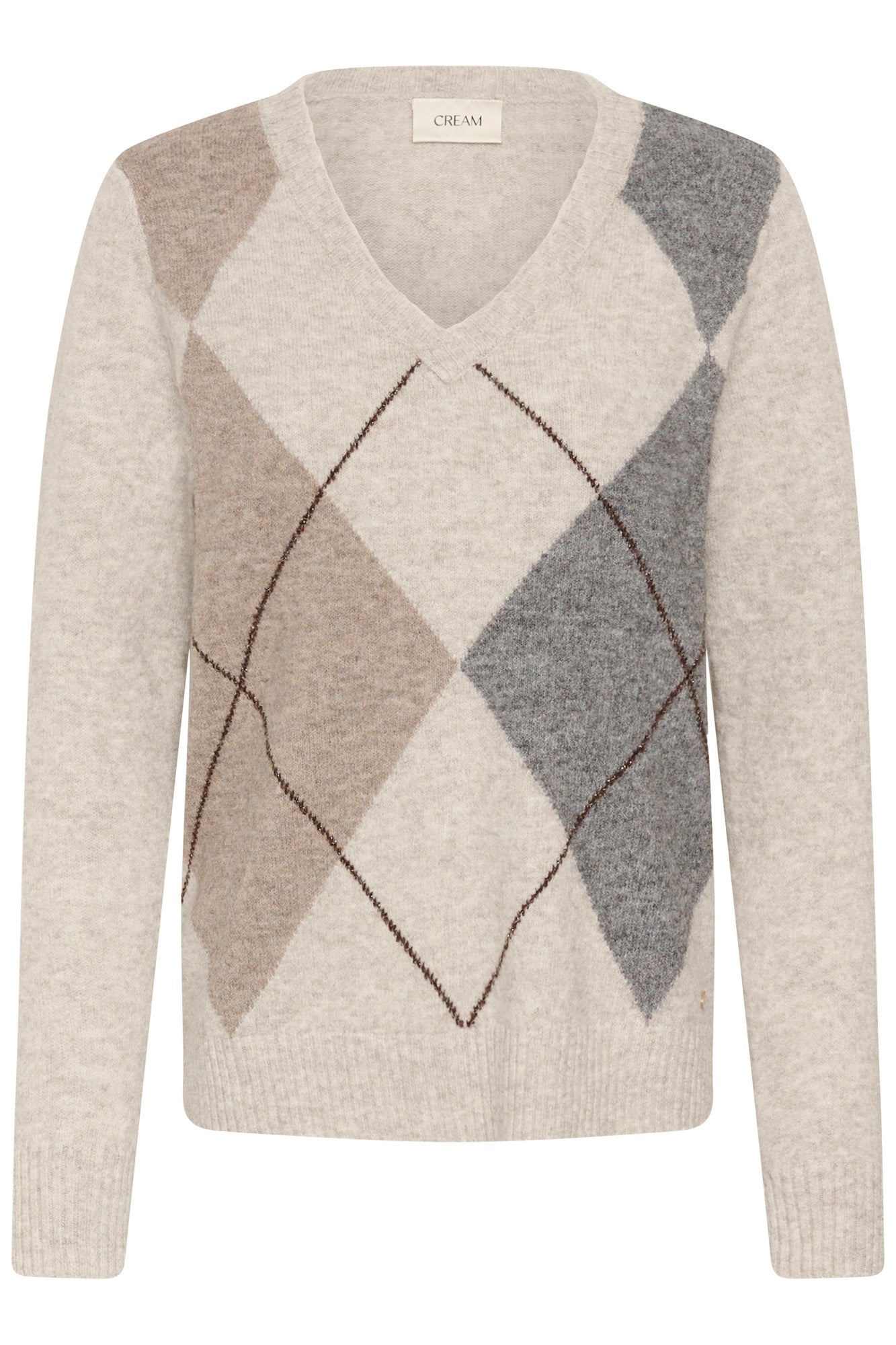 Chandail manches longues beige pâle à col V, losanges gris et taupe pour femme par Cream, vue avant isolée