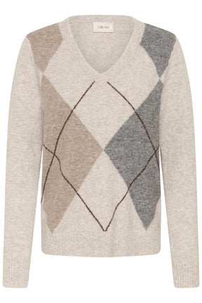 Chandail manches longues beige pâle à col V, losanges gris et taupe pour femme par Cream, vue avant isolée