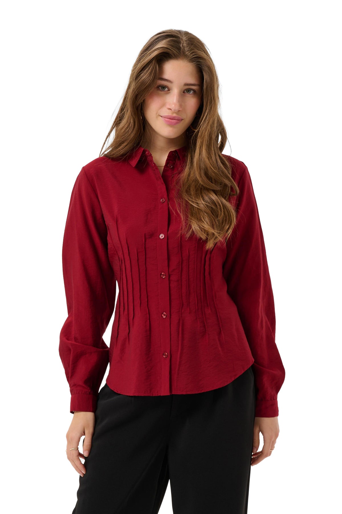Cream women's burgundy long sleeve button blouse with pointed collar and vertical pleat details, front view