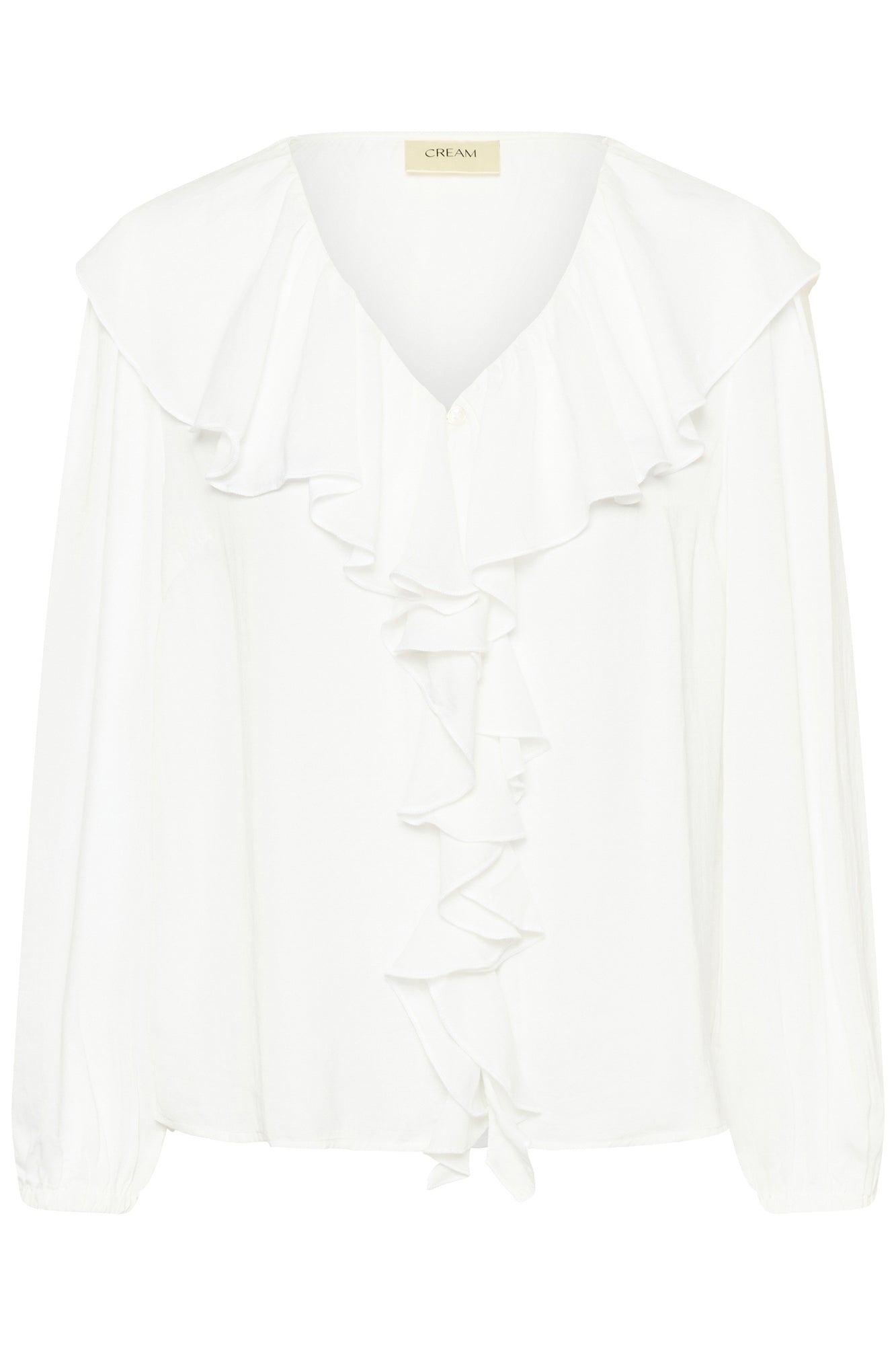 Blouse manches longues blanche à encolure en V, volants et poignets élastiques pour femme par Cream, vue avant isolée