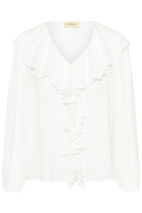 Blouse manches longues blanche à encolure en V, volants et poignets élastiques pour femme par Cream, vue avant isolée