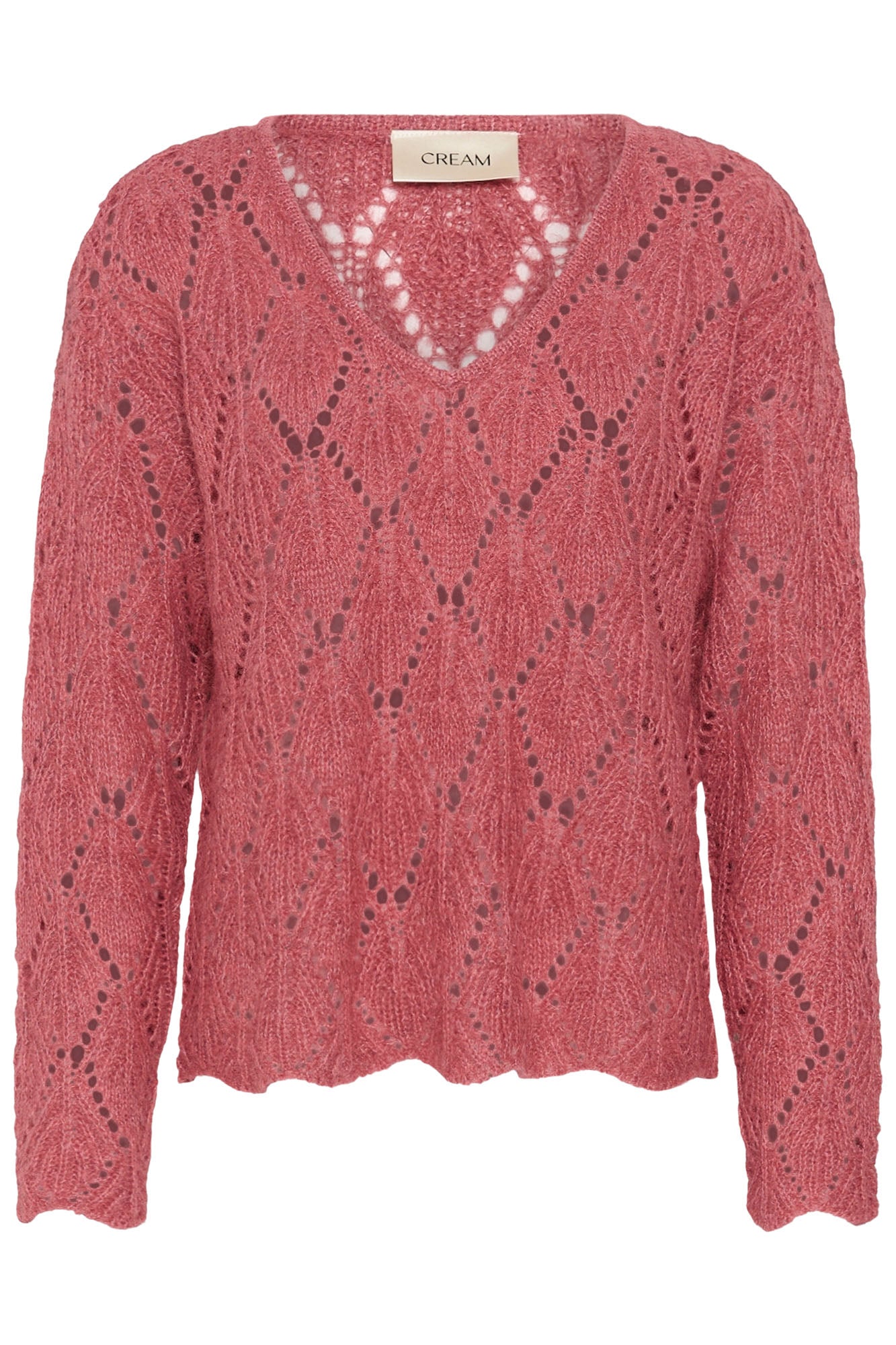 Chandail manches longues rose ajouré à col en V avec ourlet et poignets festonnés pour femme par Cream, vue avant isolée