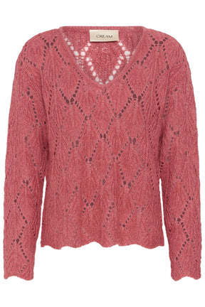 Chandail manches longues rose ajouré à col en V avec ourlet et poignets festonnés pour femme par Cream, vue avant isolée