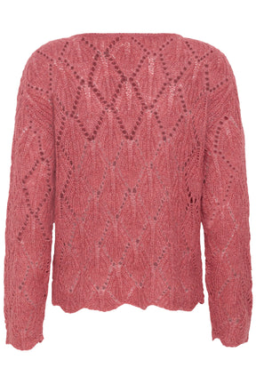 Vue arrière isolée du chandail manches longues en tricot ajouré rose avec manches longues pour femme par Cream