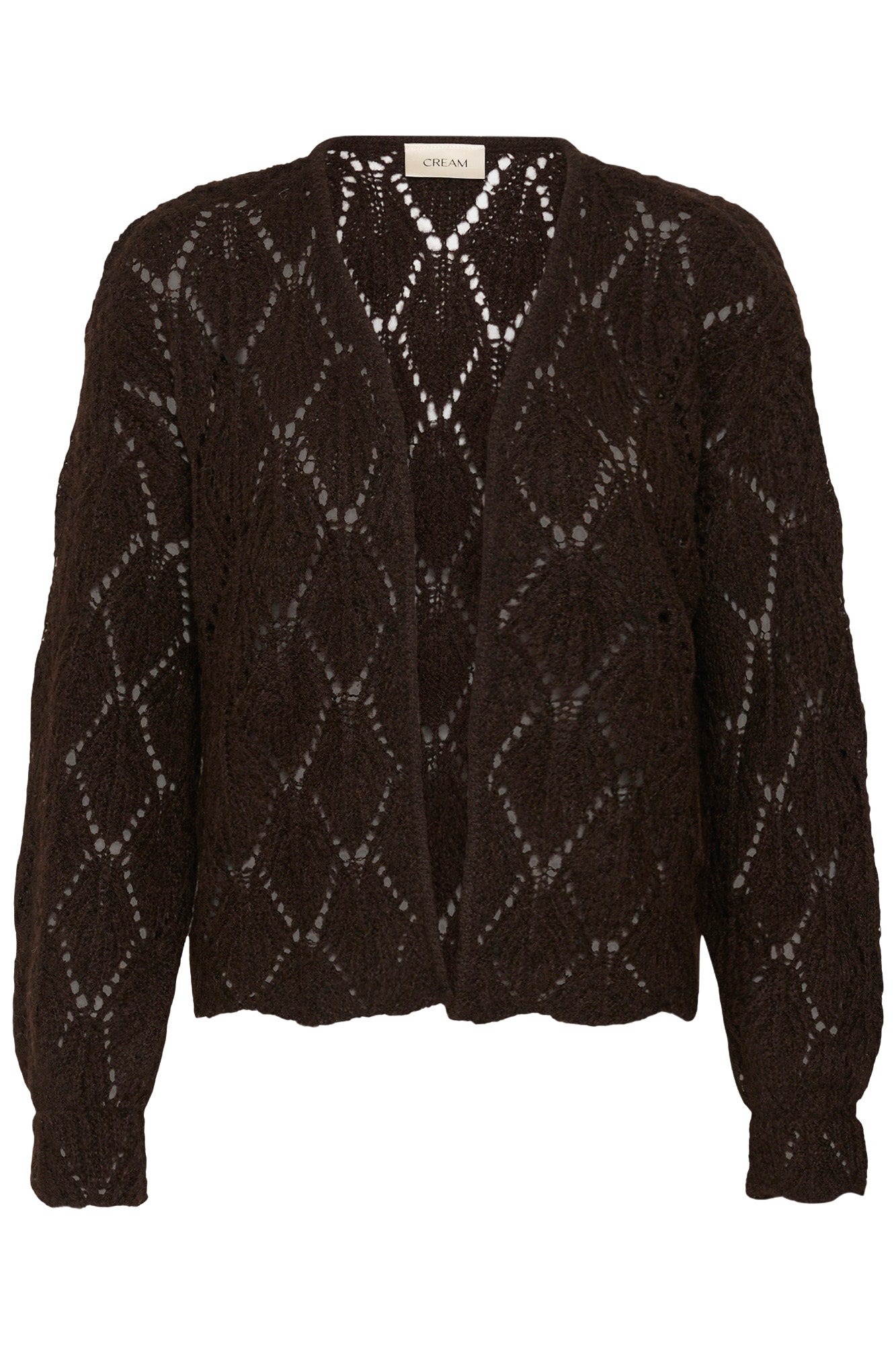 Cream women's dark brown open-knit cardigan with open front and ribbed cuffs, isolated front view