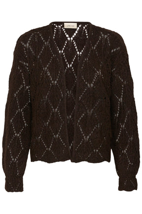 Cream women's dark brown open-knit cardigan with open front and ribbed cuffs, isolated front view