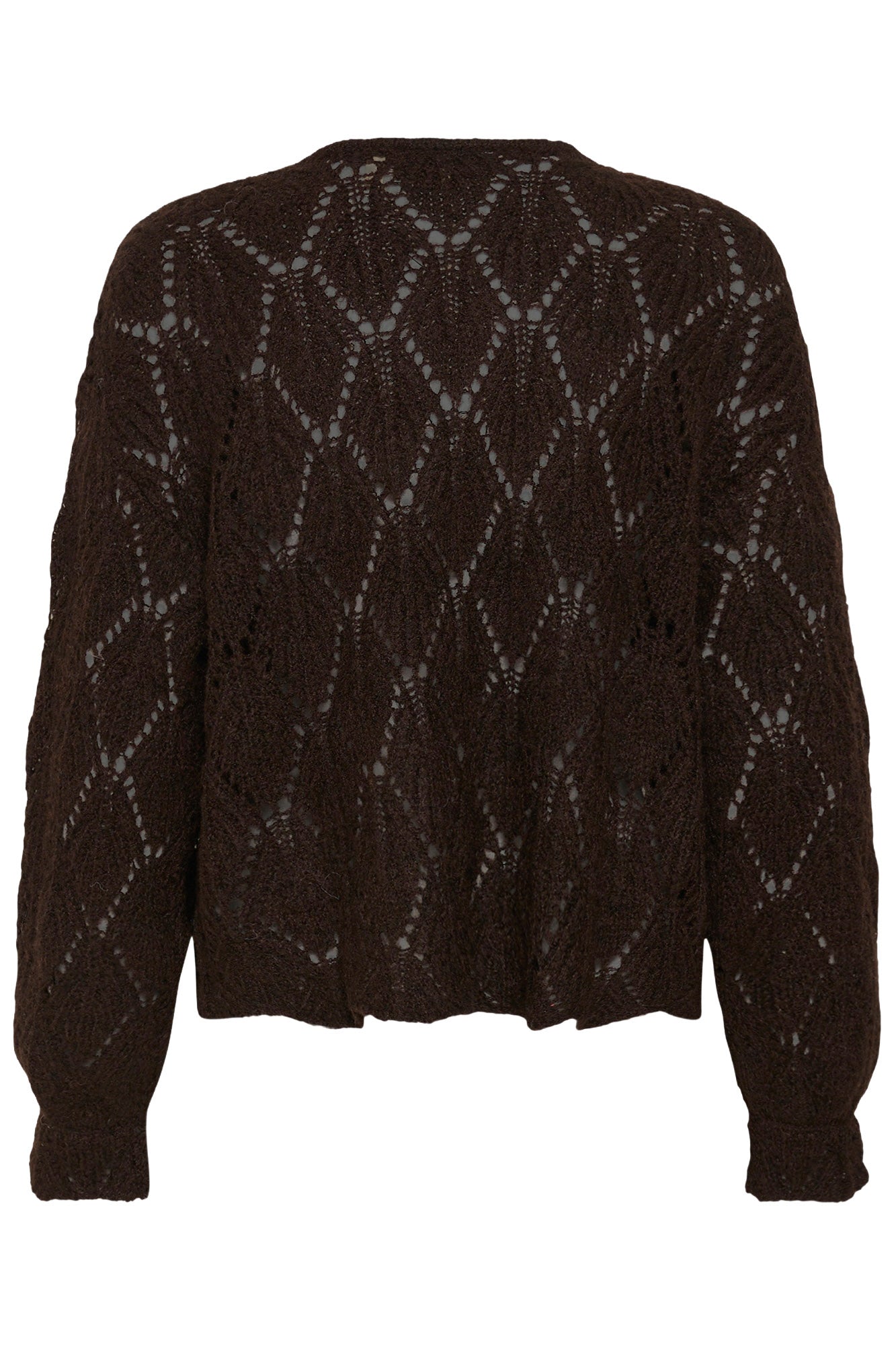 Cream women's dark brown pointelle knit cardigan with diamond openwork pattern shown from the back