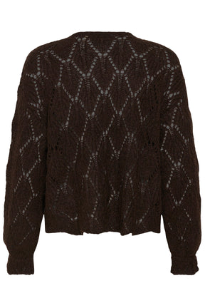 Cream women's dark brown pointelle knit cardigan with diamond openwork pattern shown from the back