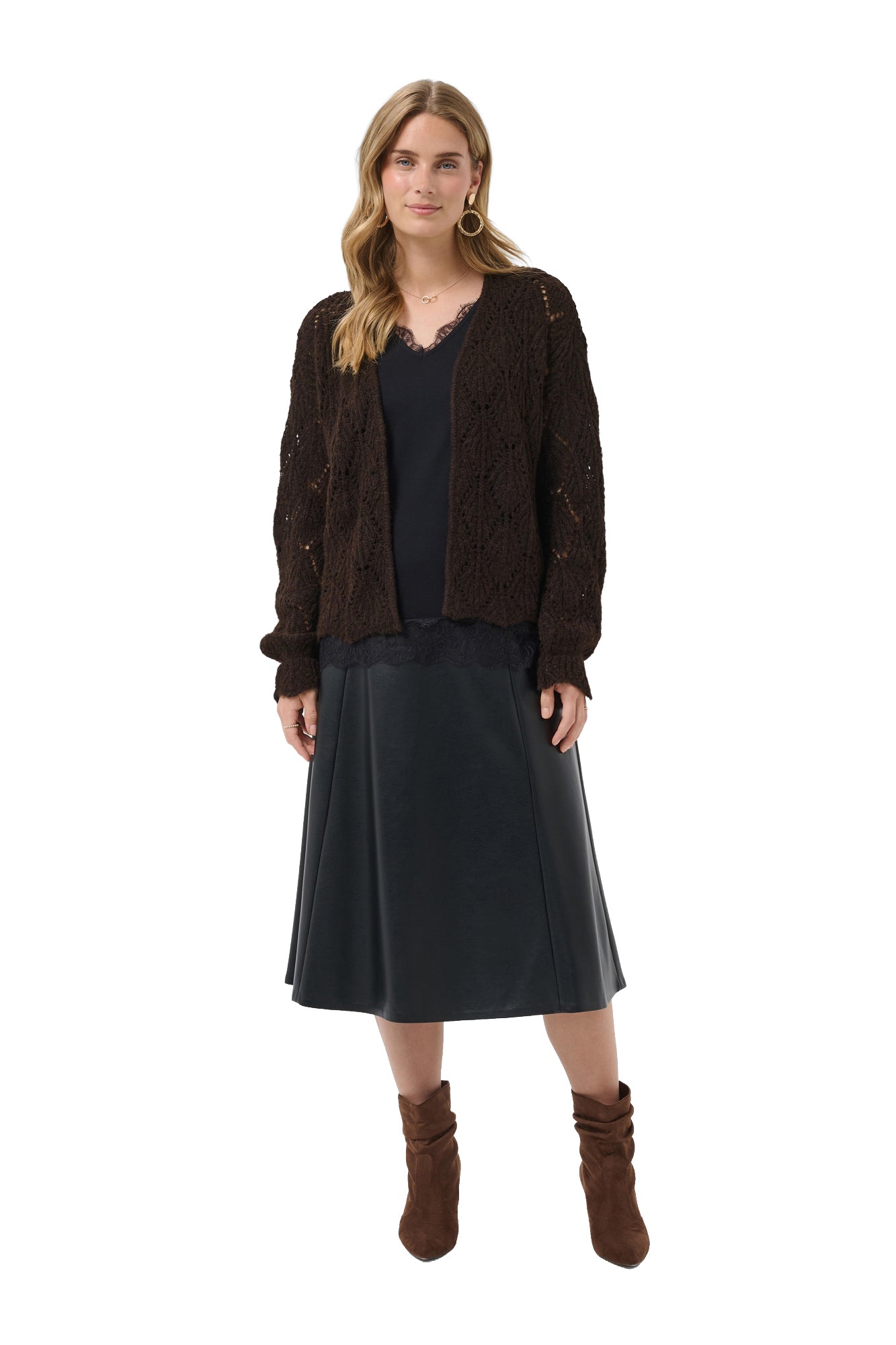 Cream women's dark brown open-front pointelle knit cardigan with long sleeves, front model view