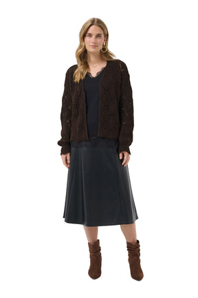 Cream women's dark brown open-front pointelle knit cardigan with long sleeves, front model view
