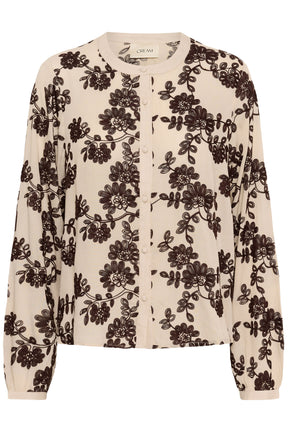 Women's cream button-front long-sleeve blouse with dark brown floral embroidery, isolated front view