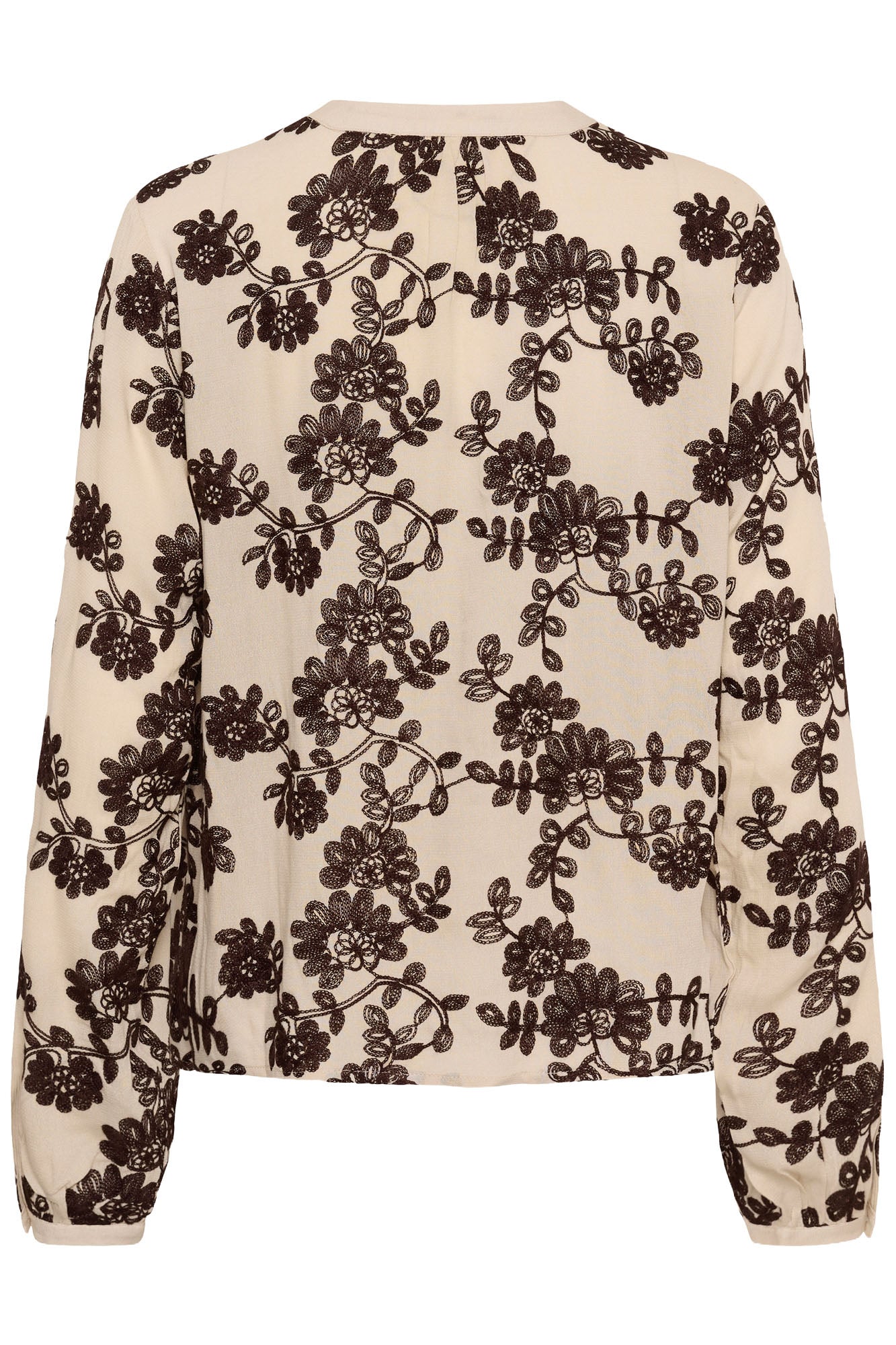 Women's cream button-front long-sleeve blouse with dark brown floral embroidery, isolated front view