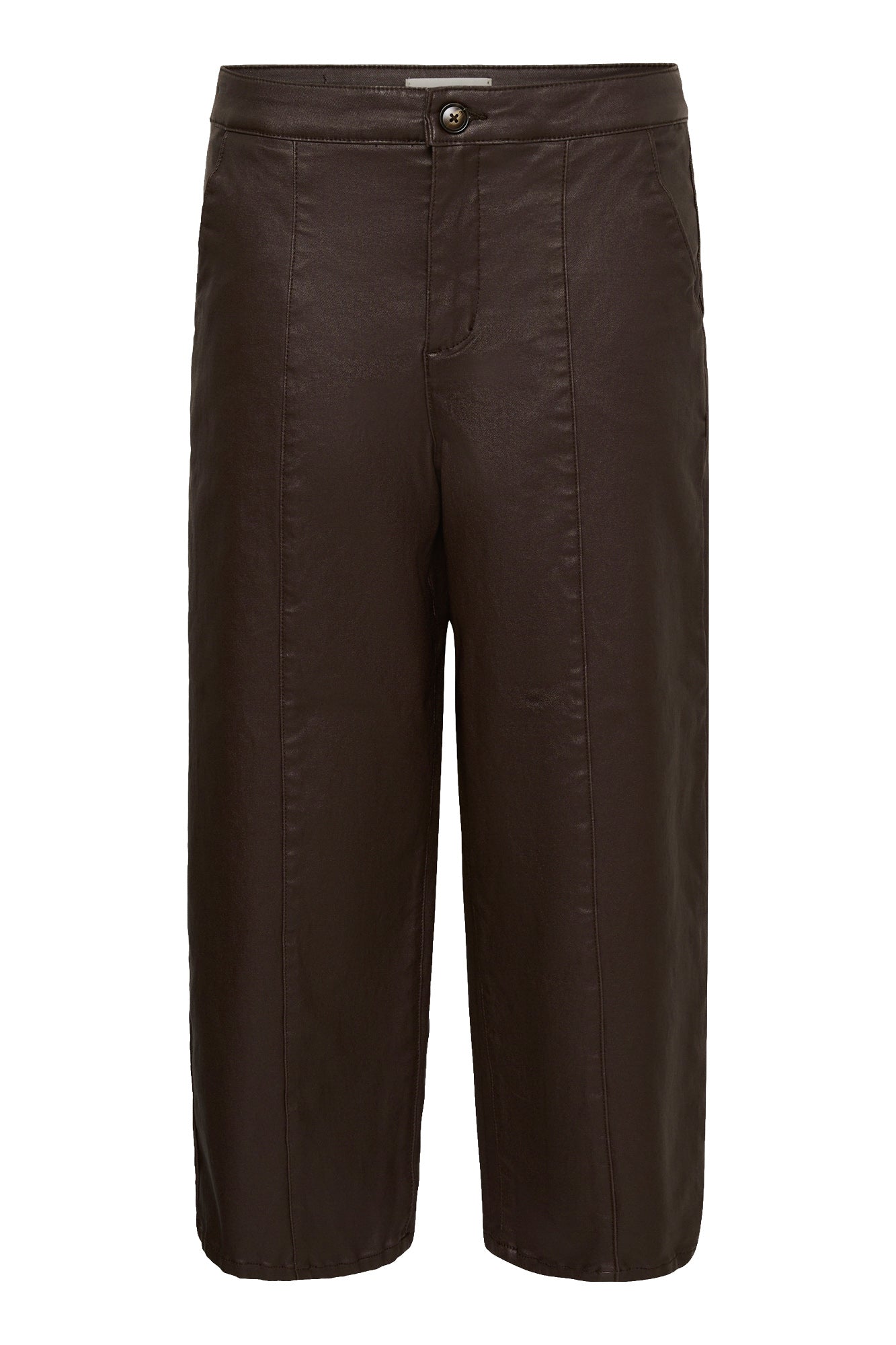 Women's dark brown faux-leather straight-leg pants isolated front view with button waist, fly, pockets, and seams by Cream