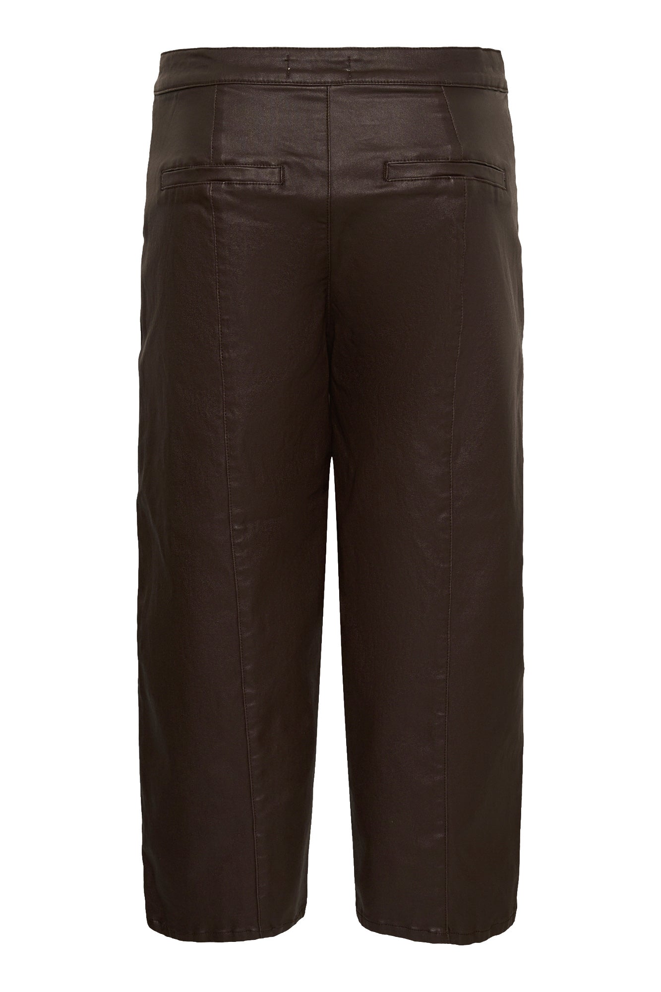 Cream women's dark brown faux-leather straight-leg pants isolated back view with welt pockets and vertical seam panels