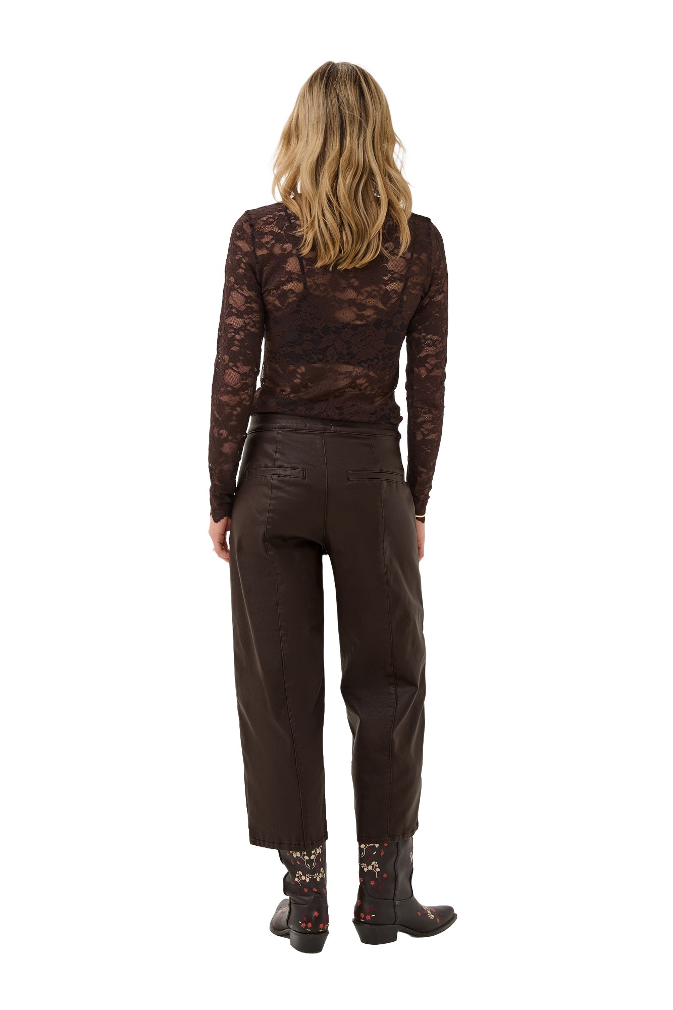 Women's dark brown faux-leather straight-leg pants back view on model, cropped wide legs and back welt pockets by Cream