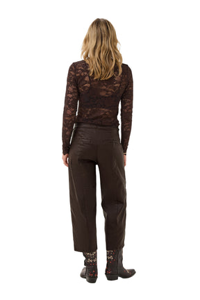 Women's dark brown faux-leather straight-leg pants back view on model, cropped wide legs and back welt pockets by Cream