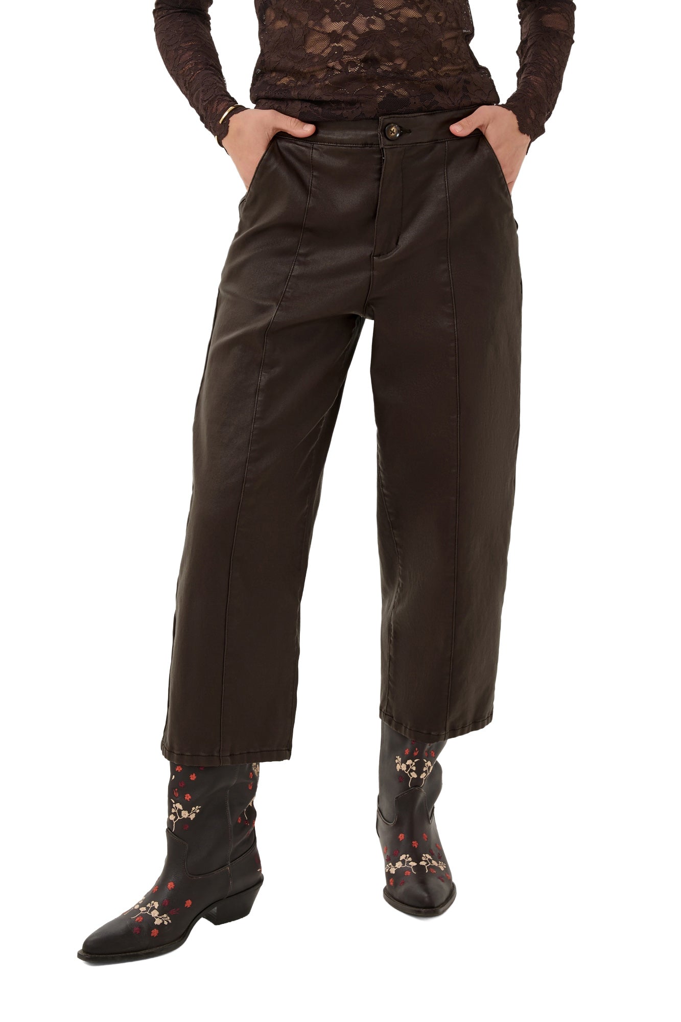 Cream women's dark brown faux-leather straight-leg pants front view on model, cropped wide legs with vertical seams