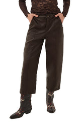 Cream women's dark brown faux-leather straight-leg pants front view on model, cropped wide legs with vertical seams