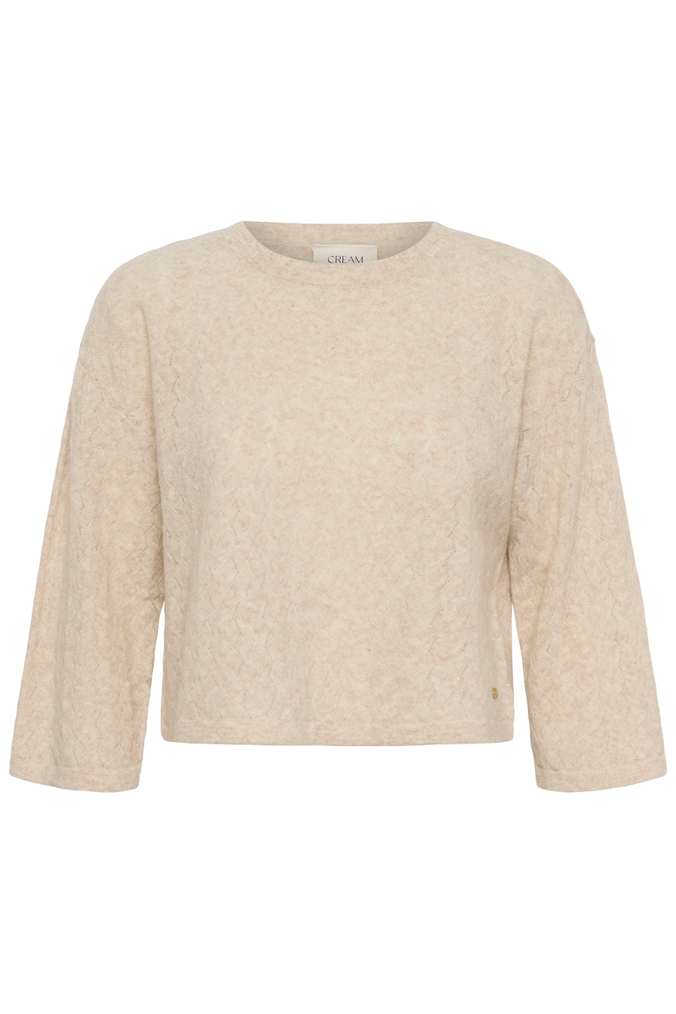 Chandail manches longues en tricot crème texturé, vue avant isolée avec col rond pour femme par Cream