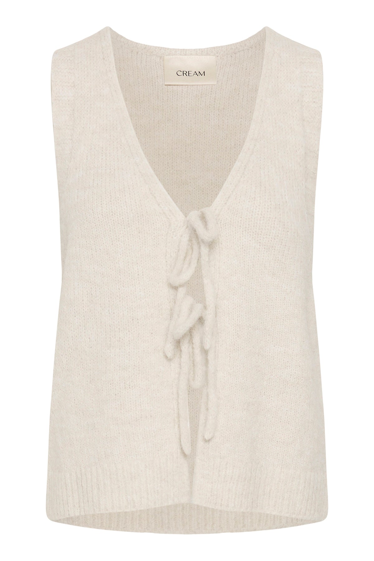 Cream women's ivory sleeveless knit vest, front view with V-neck and tie-front closures