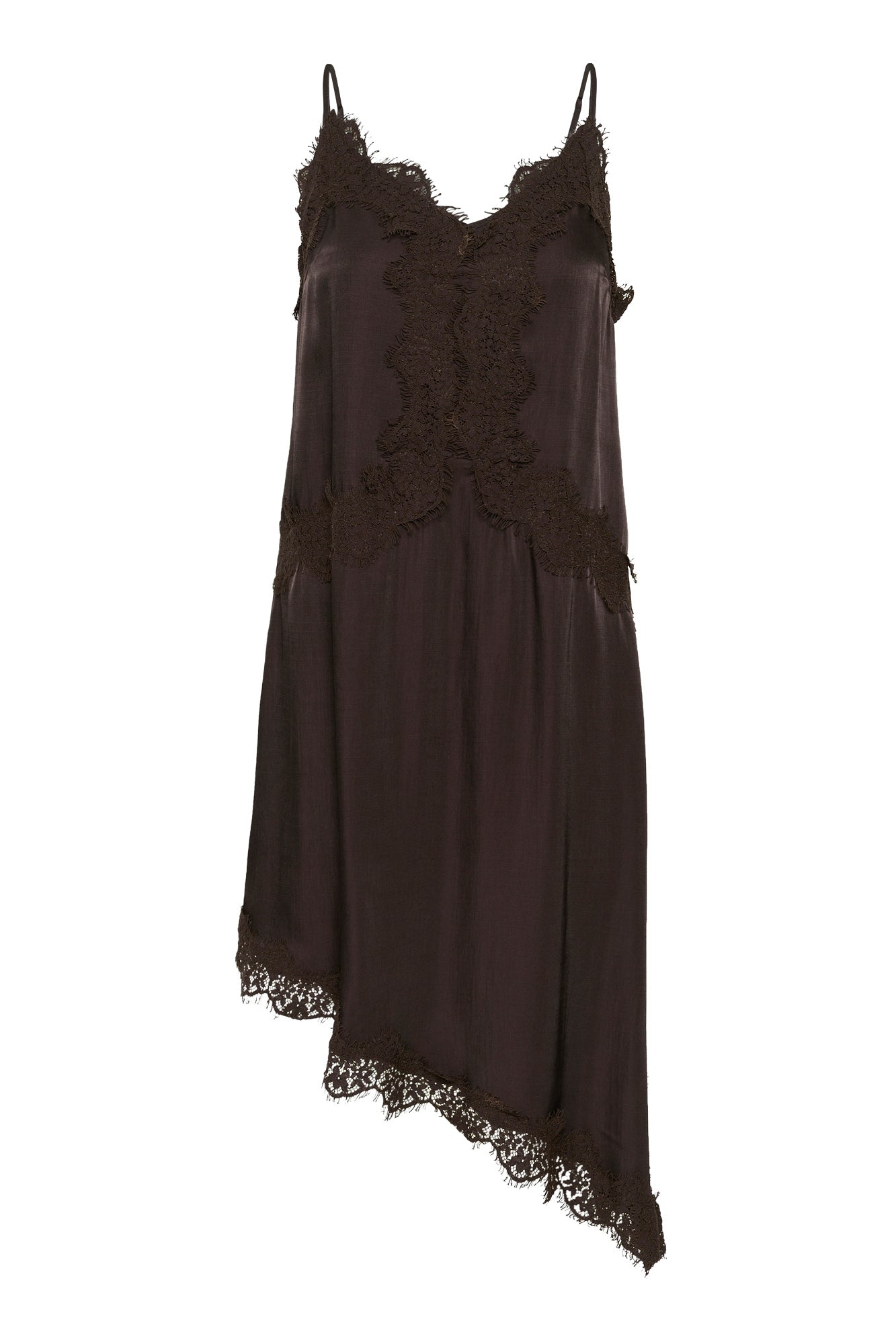 Vue isolée de face du blouse sans manches brune foncé avec dentelle florale devant et à l’ourlet pour femme par Cream