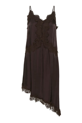 Vue isolée de face du blouse sans manches brune foncé avec dentelle florale devant et à l’ourlet pour femme par Cream