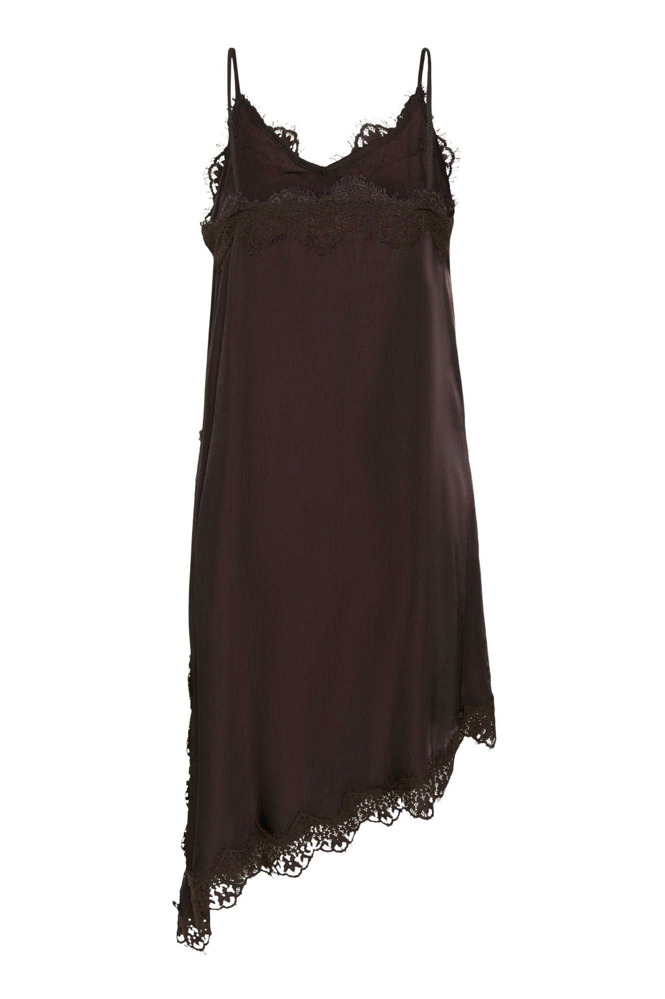 Vue isolée de dos du blouse sans manches brune foncé avec dentelle et ourlet en angle pour femme par Cream