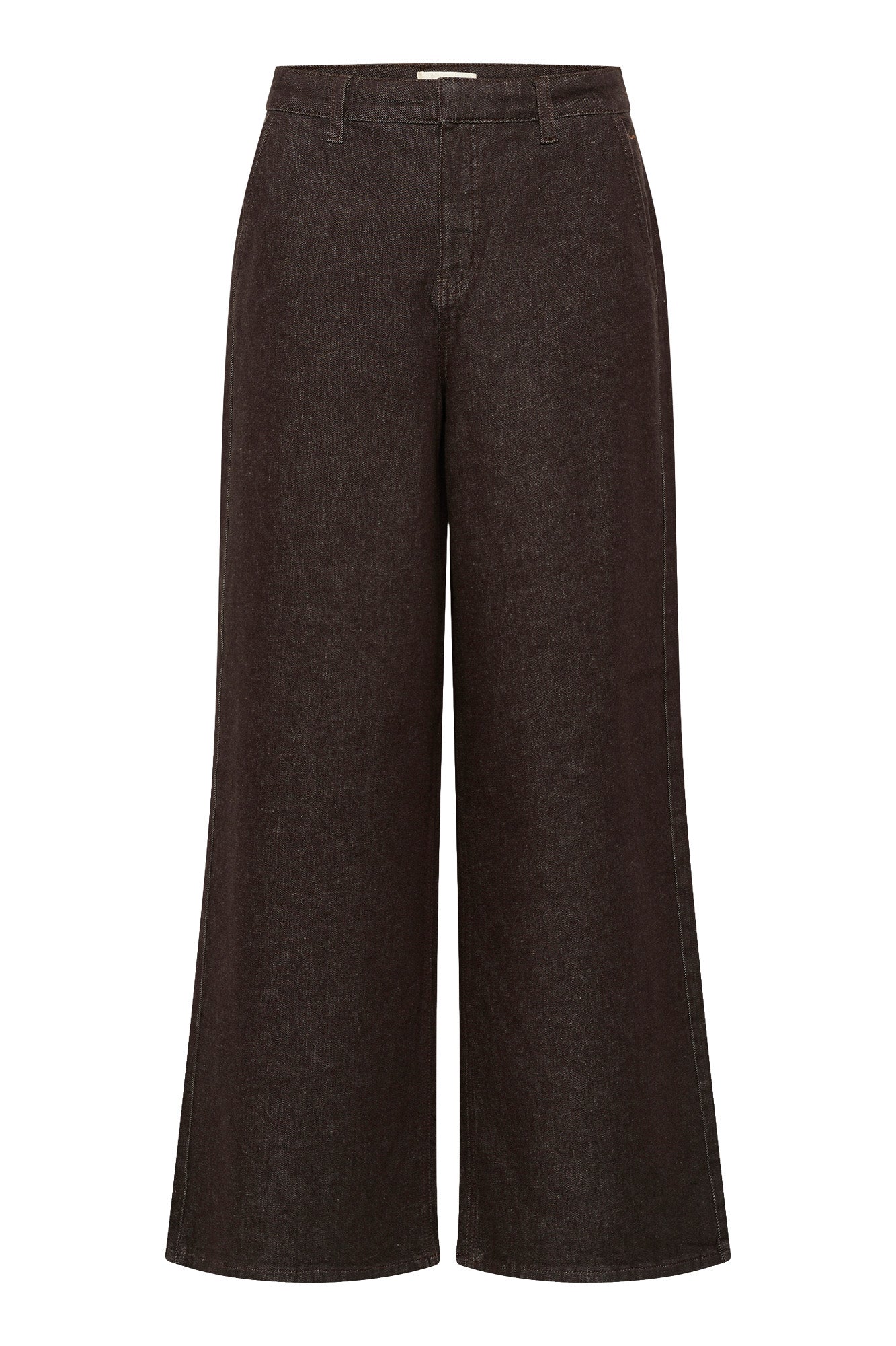 Pantalon à jambe large large brun foncé avec braguette, passants et ourlets droits pour femme par Cream, vue de face isolée