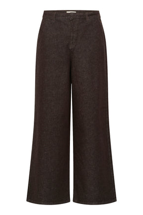 Pantalon à jambe large large brun foncé avec braguette, passants et ourlets droits pour femme par Cream, vue de face isolée