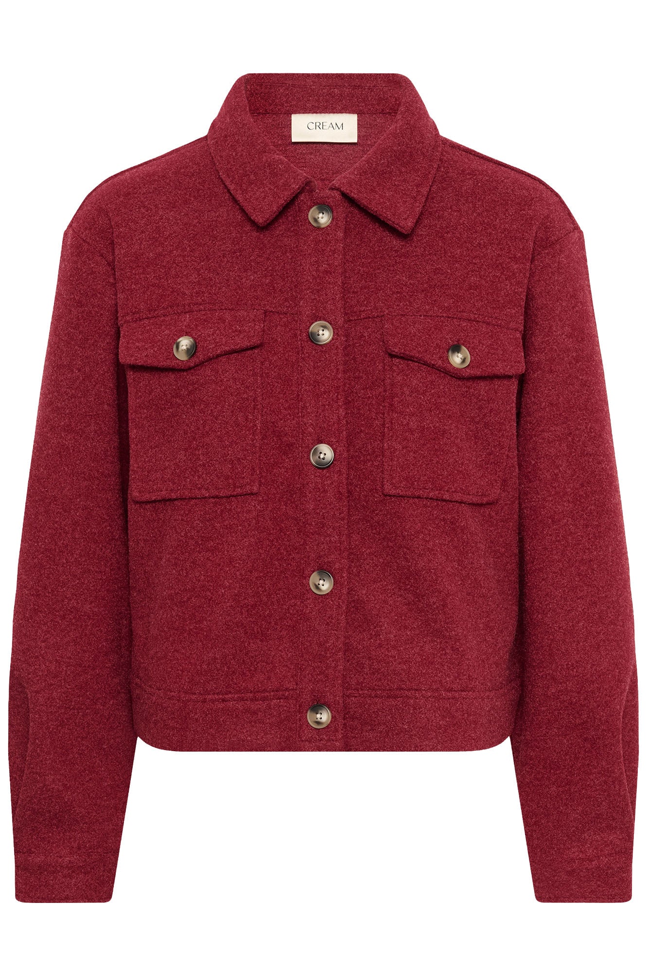 Surchemise courte bourgogne vue de face avec col chemise, patte boutonnée et poches à rabat pour femme par Cream
