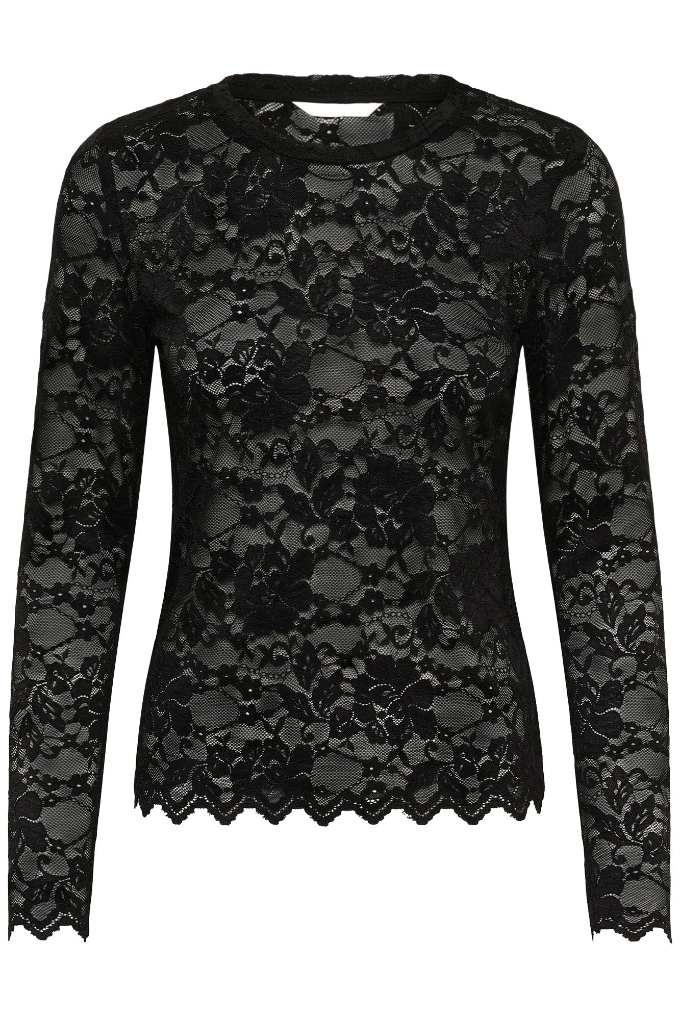 Cream women's black floral lace long-sleeve blouse with round neckline and scalloped cuffs shown from the front
