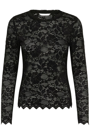 Cream women's black floral lace long-sleeve blouse with round neckline and scalloped cuffs shown from the front