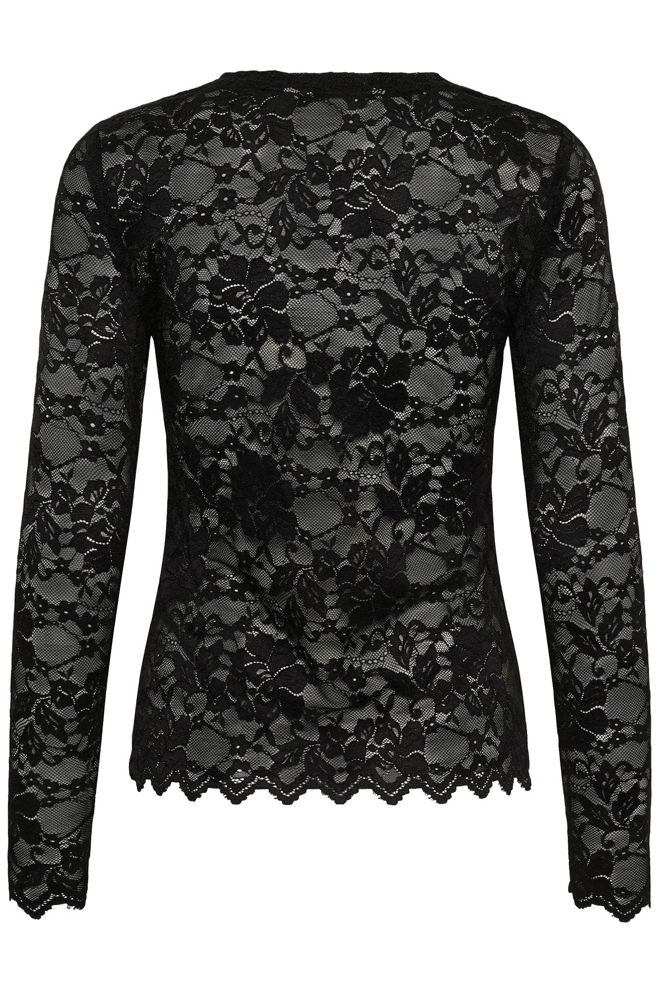 Cream women's black floral lace long-sleeve blouse with scalloped hem, isolated back view
