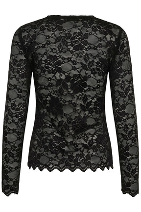 Cream women's black floral lace long-sleeve blouse with scalloped hem, isolated back view