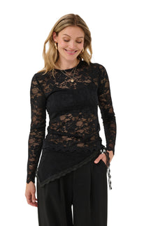 Blouse noire en dentelle florale à manches longues et ourlet festonné pour femme par Cream, vue de face