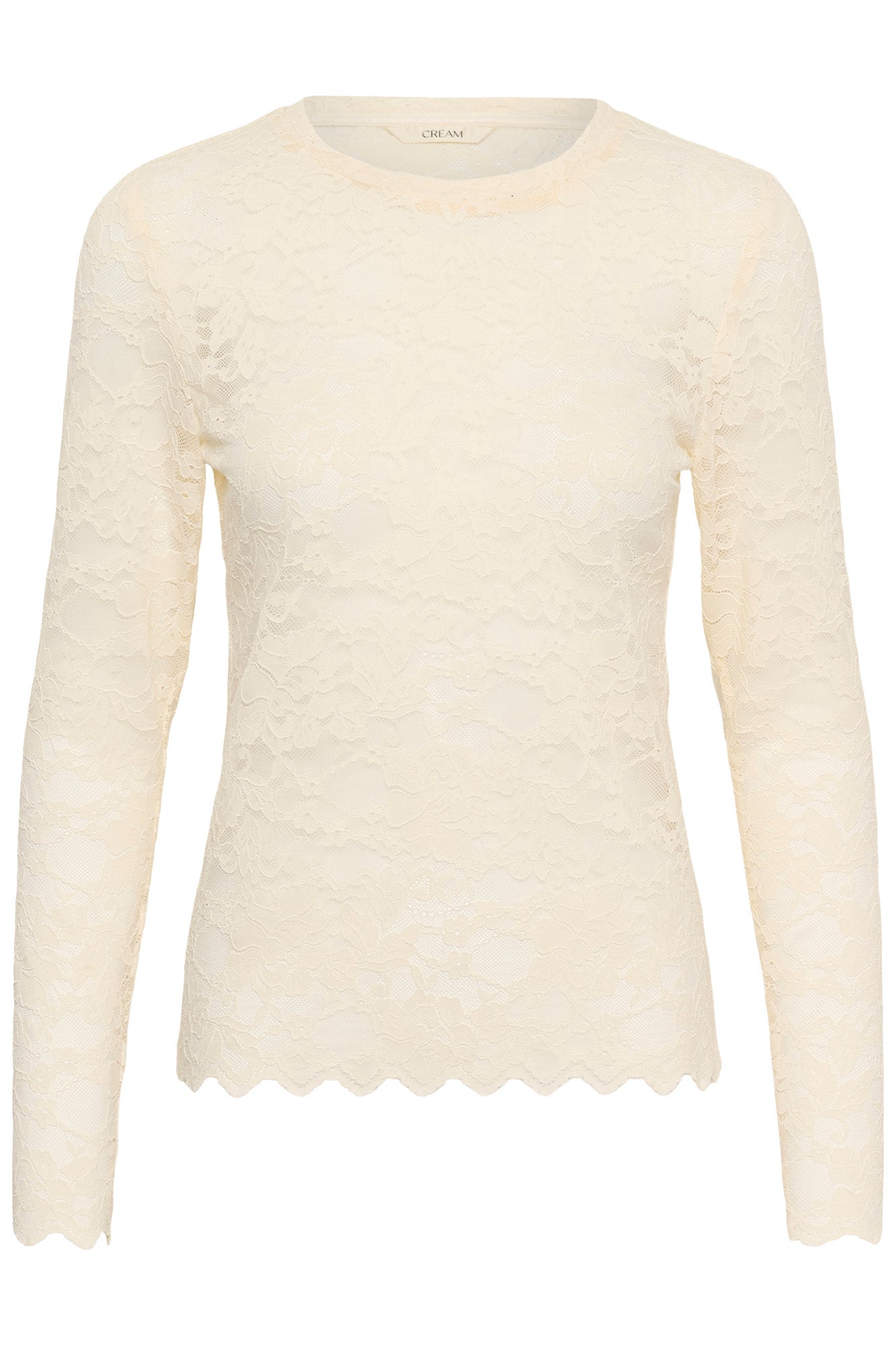 Blouse manches longues en dentelle florale ivoire, vue avant avec encolure ronde et ourlet festonné pour femme par Cream