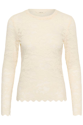 Blouse manches longues en dentelle florale ivoire, vue avant avec encolure ronde et ourlet festonné pour femme par Cream