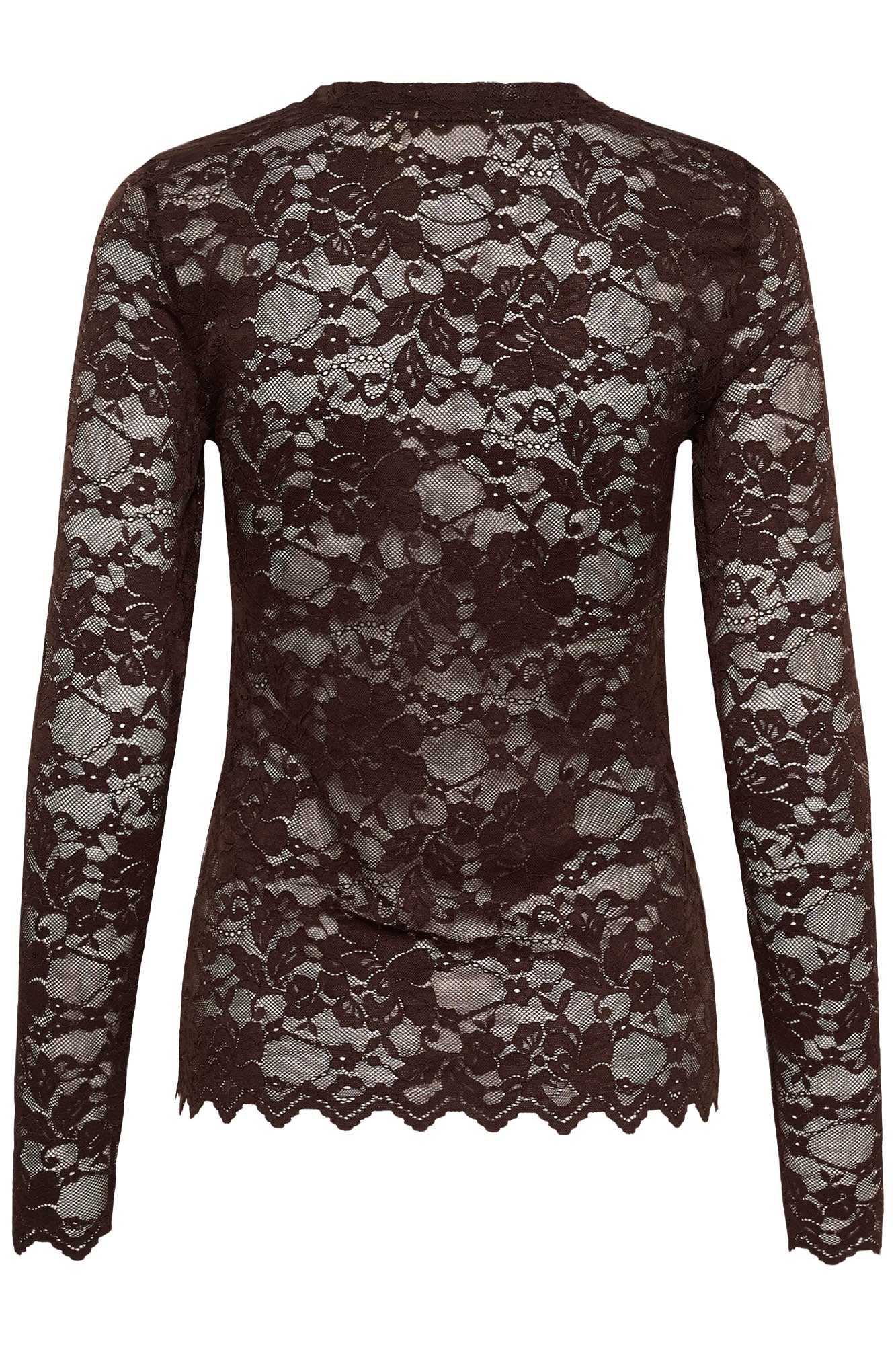 Vue de dos isolée d’un blouse manches longues en dentelle florale brun foncé à bordure festonnée pour femme par Cream