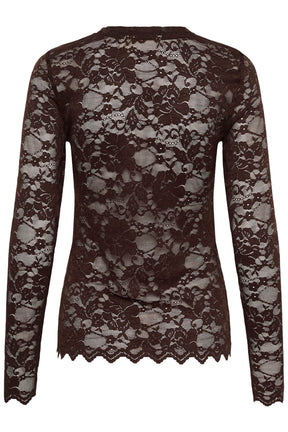 Vue de dos isolée d’un blouse manches longues en dentelle florale brun foncé à bordure festonnée pour femme par Cream