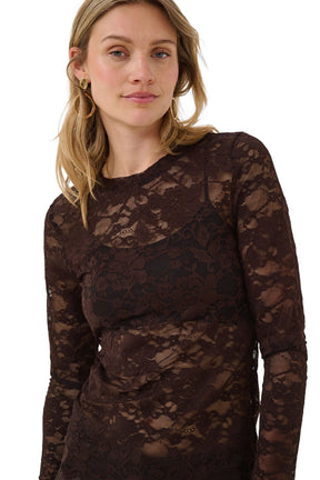 Blouse manches longues en dentelle florale brun foncé avec maille transparente pour femme par Cream, détail avant