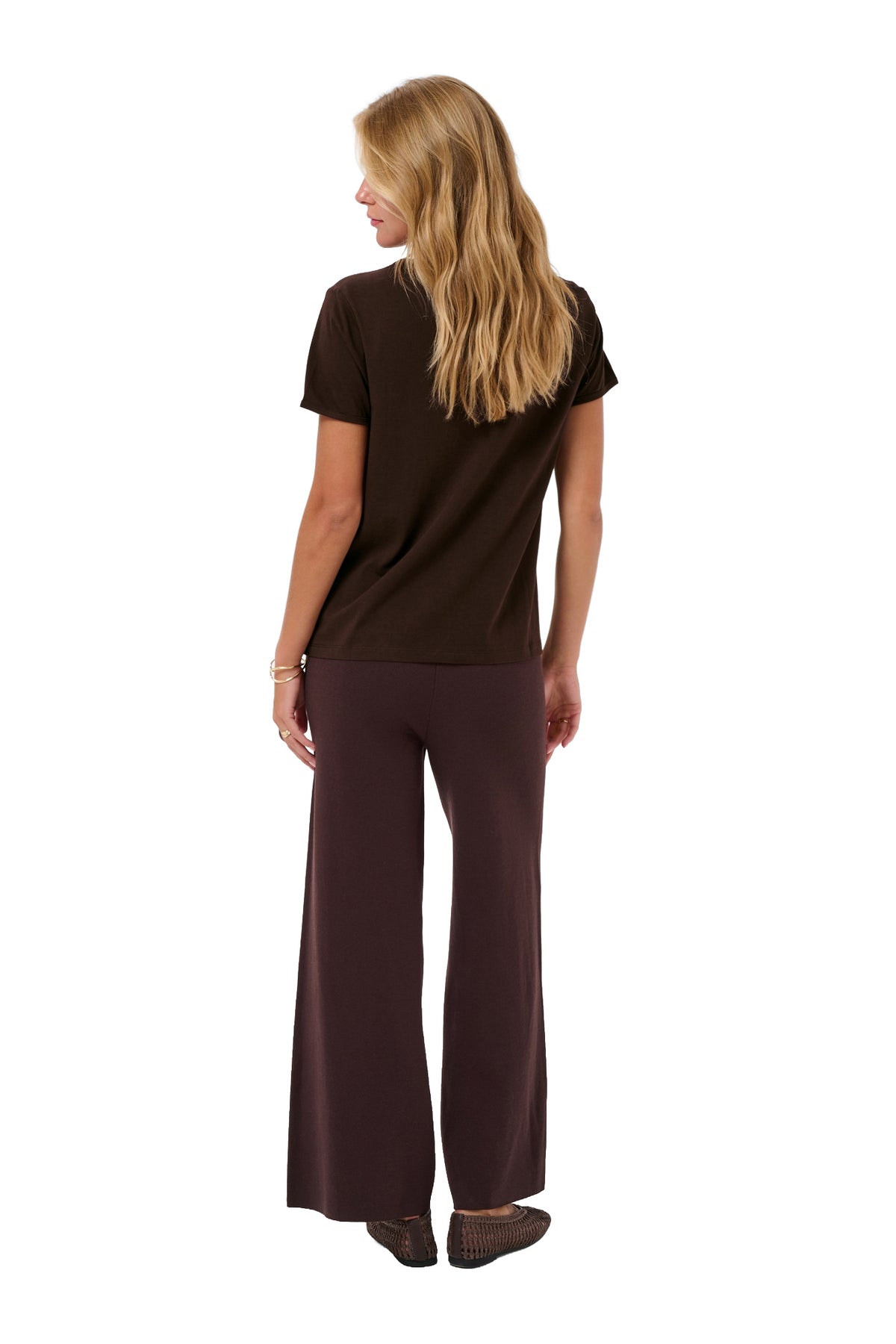 Cream women's plain dark brown Short-sleeve T-Shirt with straight hem, back model view