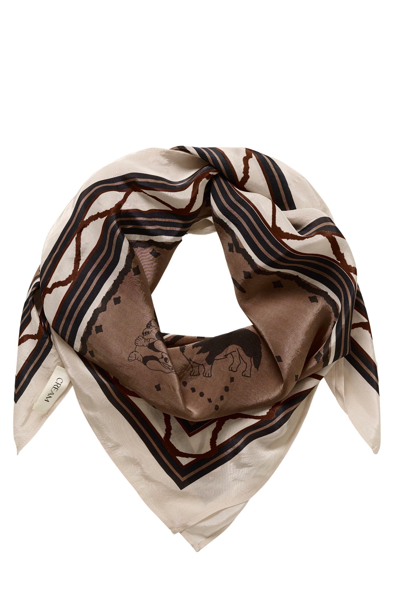 Foulard carré taupe et crème noué, avec chiens illustrés et bordure rayée foncée, vue produit pour femme par Cream