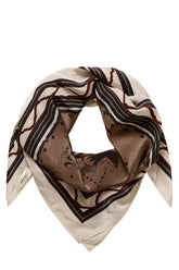 Foulard carré taupe et crème noué, avec chiens illustrés et bordure rayée foncée, vue produit pour femme par Cream