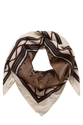 Women's taupe and cream square scarf tied in a loop with dog illustrations and dark striped border, product view