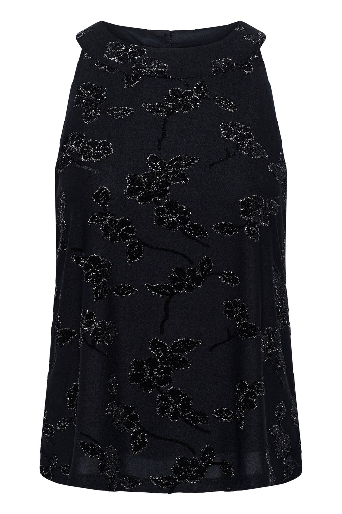 Women's front of a black sleeveless floral blouse with glitter accents and a high round neck, product view by Cream