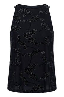 Devant d’une blouse noire sans manches à fleurs brillantes et encolure ronde haute, vue produit pour femme par Cream