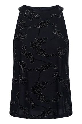 Women's front of a black sleeveless floral blouse with glitter accents and a high round neck, product view by Cream