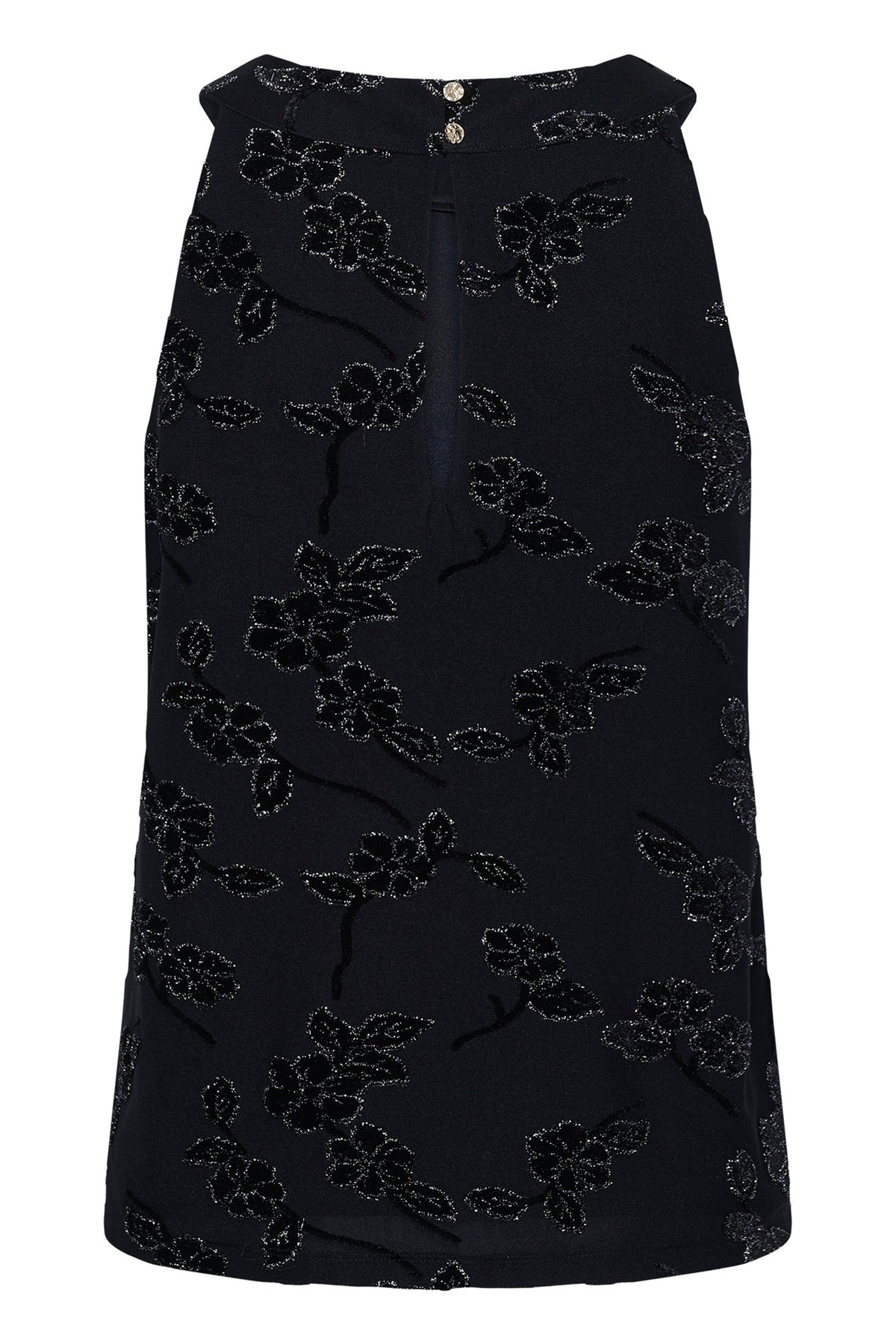 Cream women's back of a black sleeveless floral blouse with glitter accents and gold neck buttons, product view
