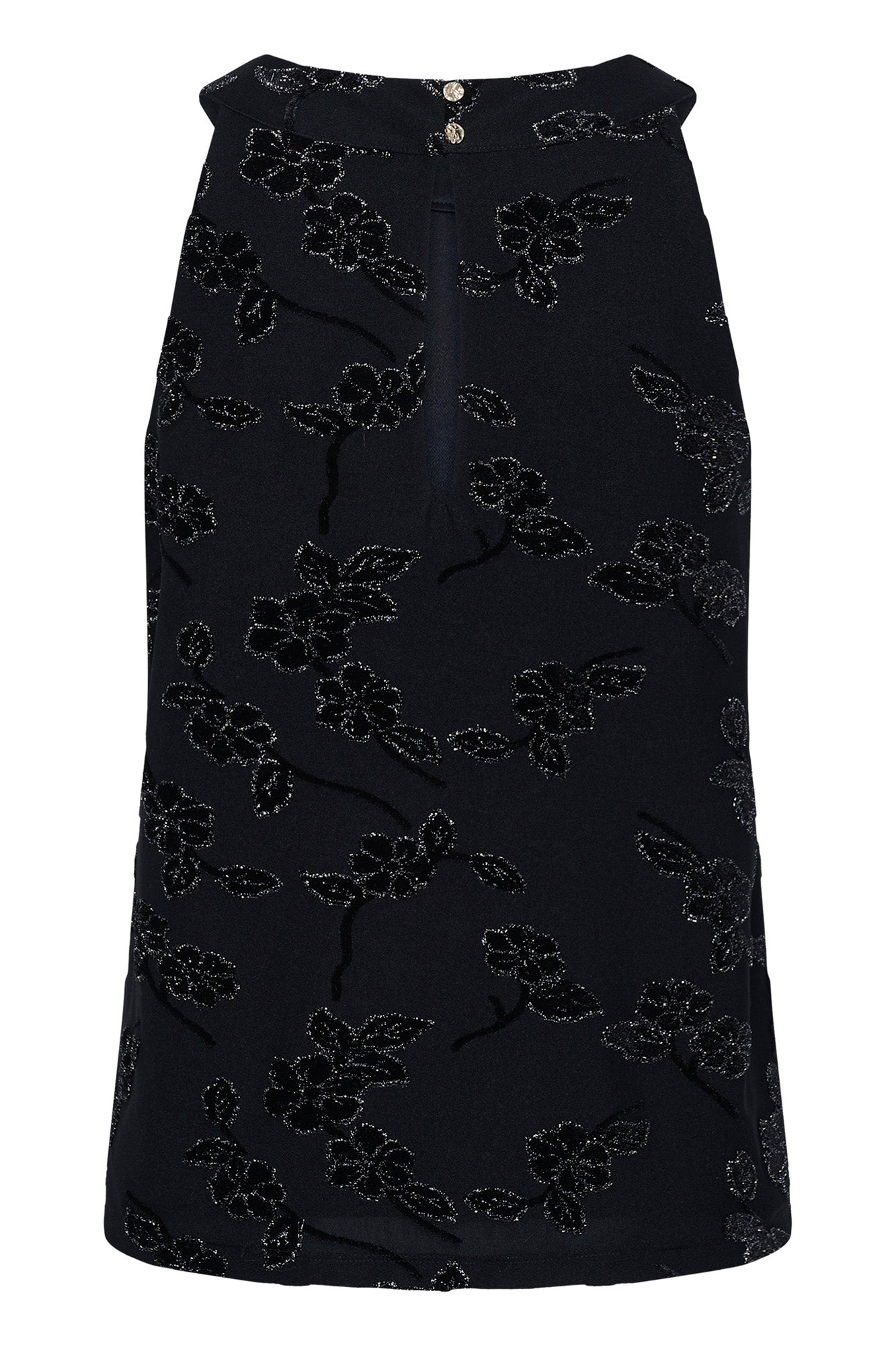 Cream women's back of a black sleeveless floral blouse with glitter accents and gold neck buttons, product view