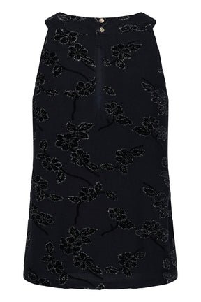 Cream women's back of a black sleeveless floral blouse with glitter accents and gold neck buttons, product view